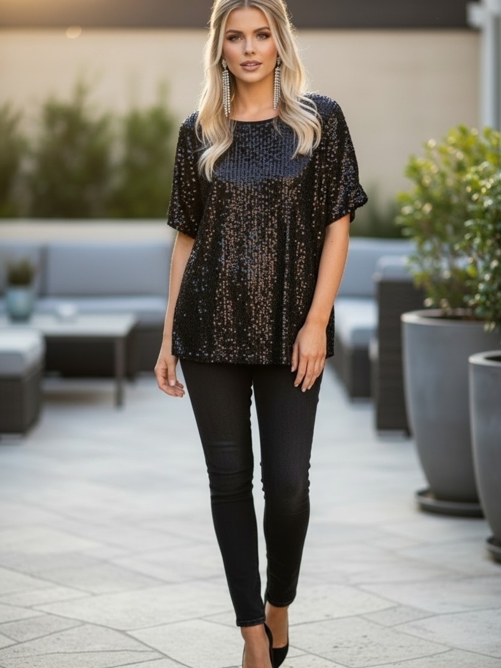 H&M Oversized Black Sequin Short-Sleeve Top